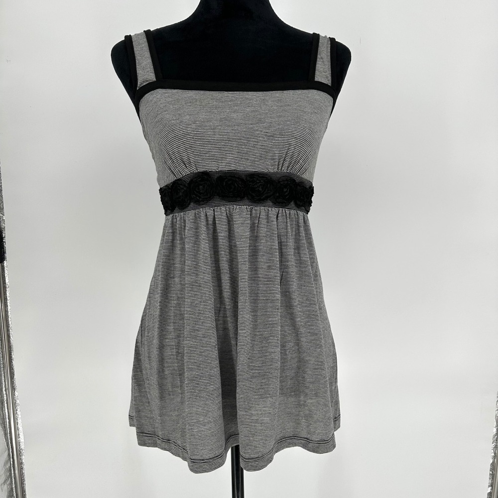 Y2K Pretty Good Black Striped Babydoll TieBack Sleeveless Top Floral Women Large